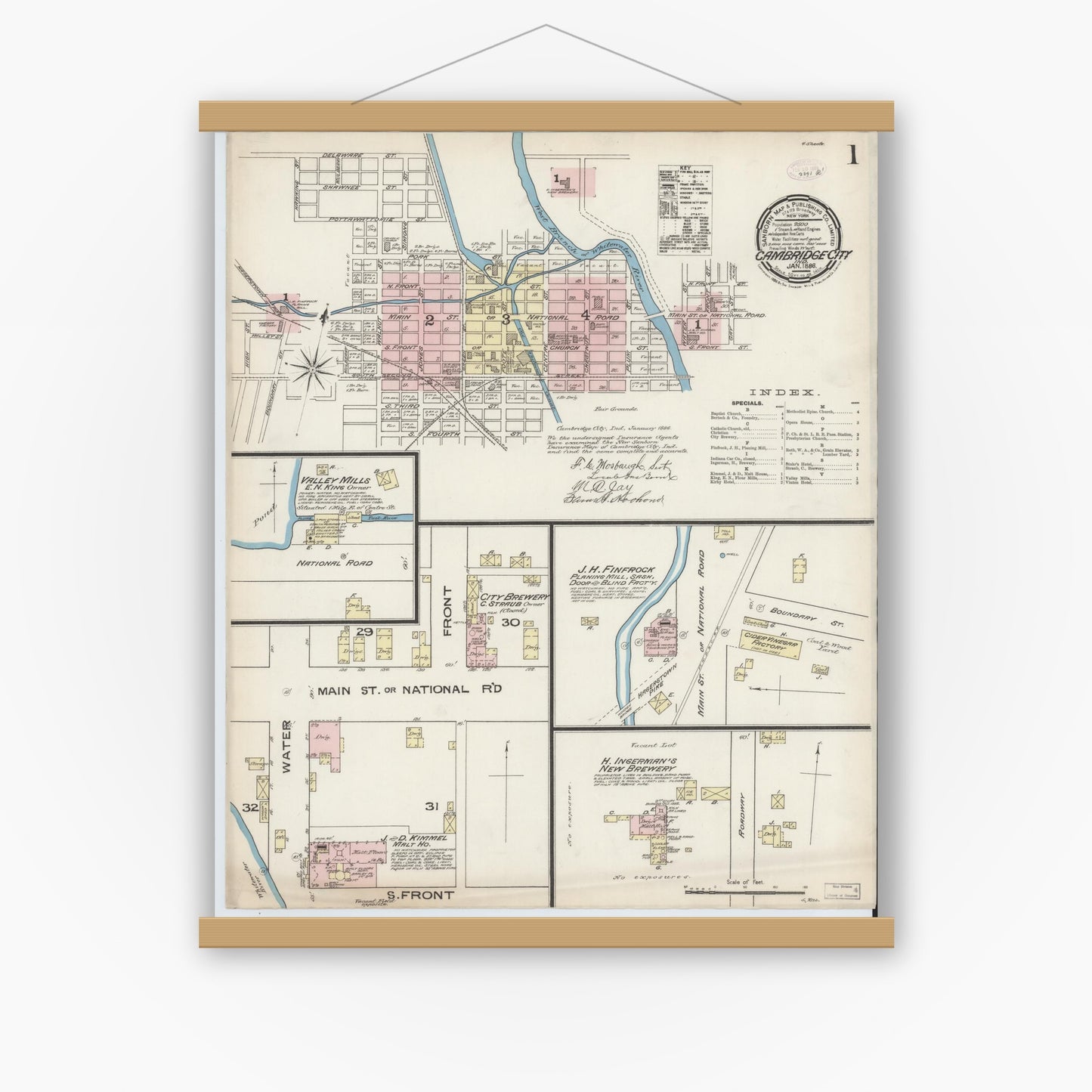 Old map wall art mockup — magnetic wood frame on white wall — Sanborn Fire Insurance Map from Cambridge City, Wayne County, Indiana (1886) - Complete Map Set