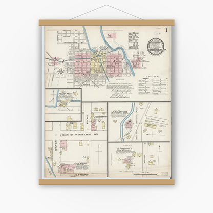 Old map wall art mockup — magnetic wood frame on white wall — Sanborn Fire Insurance Map from Cambridge City, Wayne County, Indiana (1886) - Complete Map Set