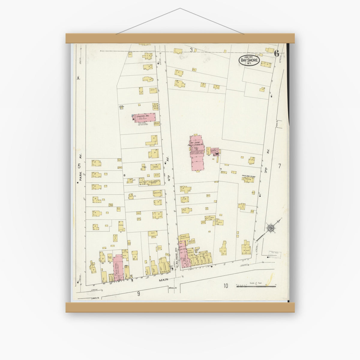 Old map wall art mockup — magnetic wood frame on white wall — Sanborn Fire Insurance Map from Bay Shore, Suffolk County, New York (1915), Sheet #0006