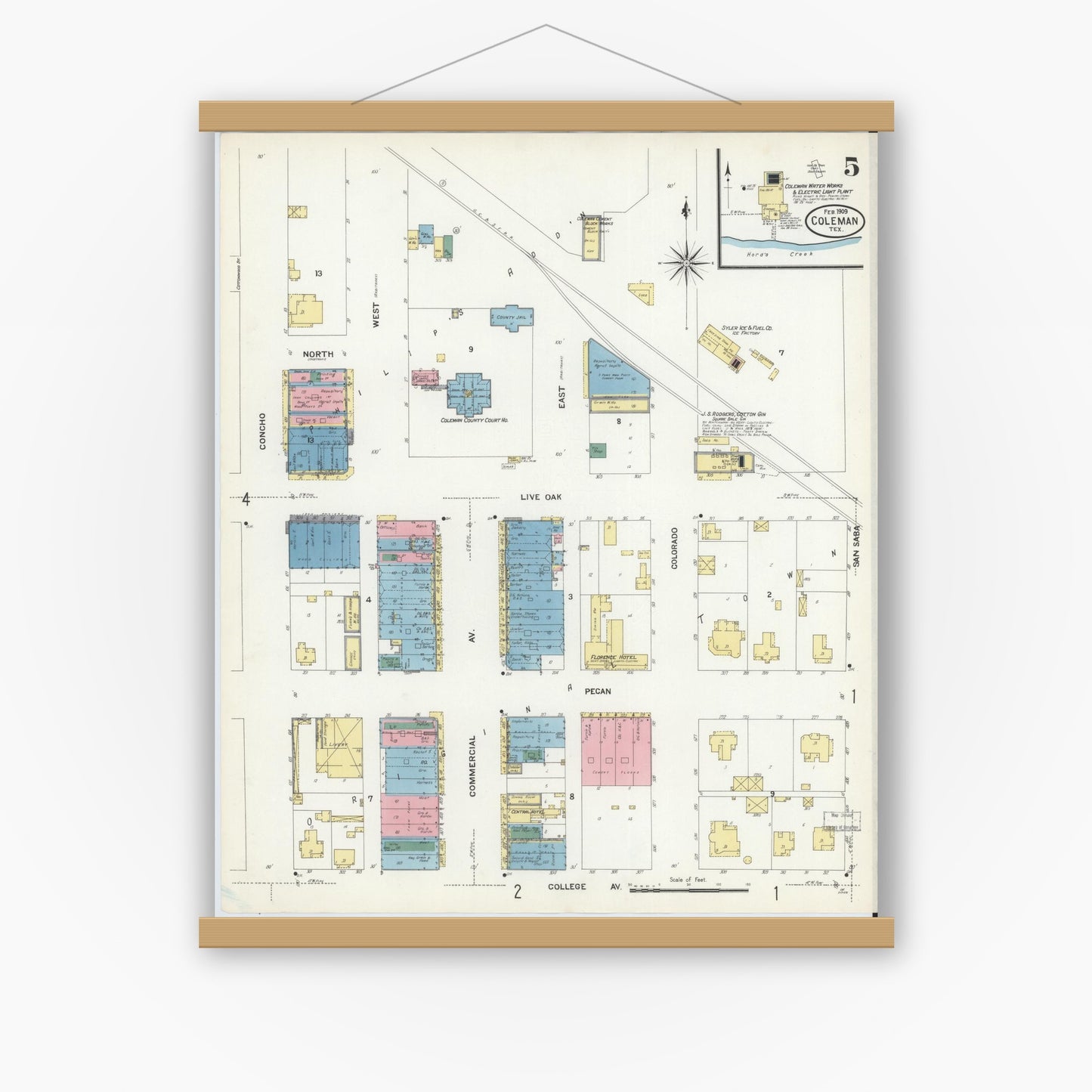Old map wall art mockup — magnetic wood frame on white wall — Sanborn Fire Insurance Map from Coleman, Coleman County, Texas (1909), Sheet #0005