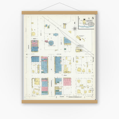 Old map wall art mockup — magnetic wood frame on white wall — Sanborn Fire Insurance Map from Coleman, Coleman County, Texas (1909), Sheet #0005