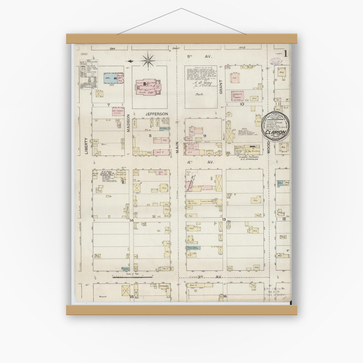 Old map wall art mockup — magnetic wood frame on white wall — Sanborn Fire Insurance Map from Clarion, Clarion County, Pennsylvania (1887) - Complete Map Set