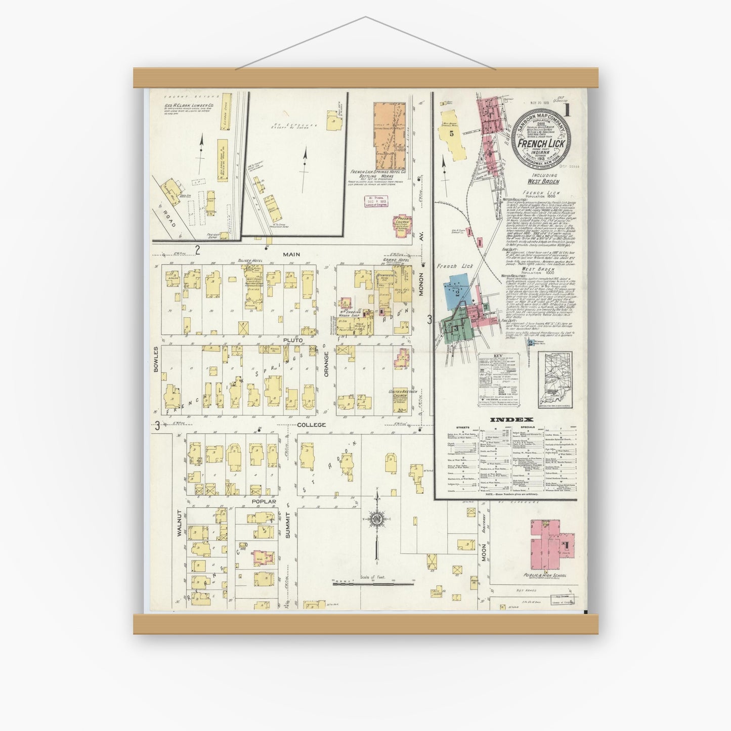 Old map wall art mockup — magnetic wood frame on white wall — Sanborn Fire Insurance Map from French Lick, Orange County, Indiana (1913) - Complete Map Set