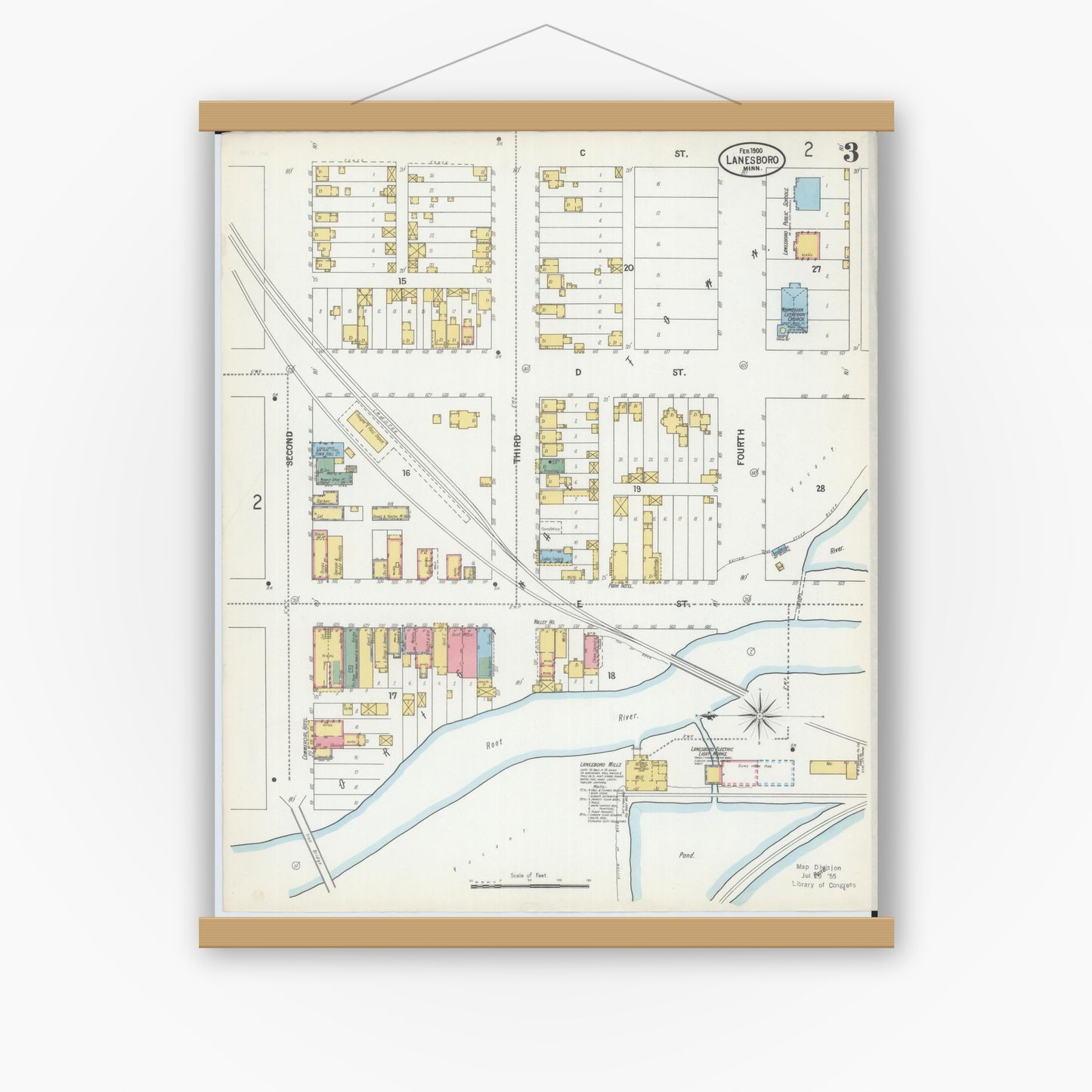 Old map wall art mockup — magnetic wood frame on white wall — Sanborn Fire Insurance Map from Lanesboro, Fillmore County, Minnesota (1900), Sheet #0003