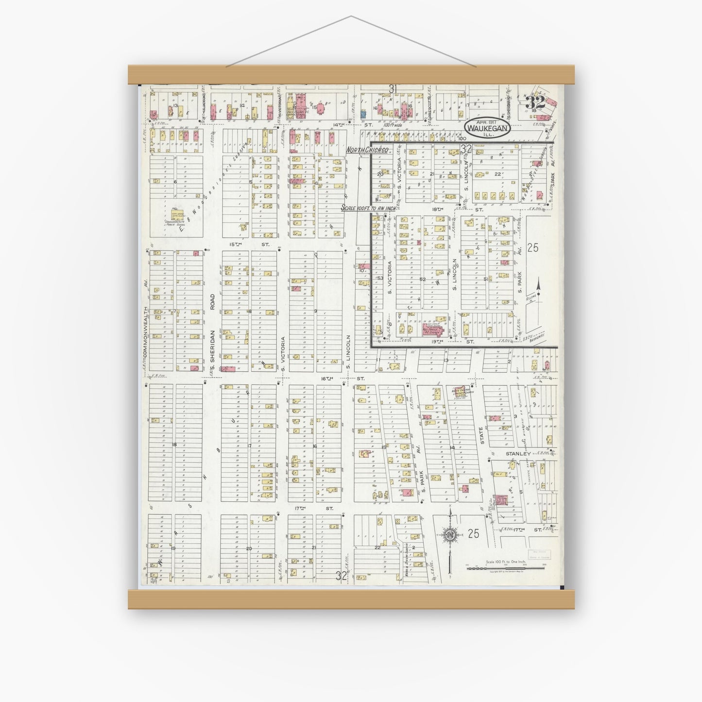 Old map wall art mockup — magnetic wood frame on white wall — Sanborn Fire Insurance Map from Waukegan, Lake County, Illinois (1917), Sheet #0032