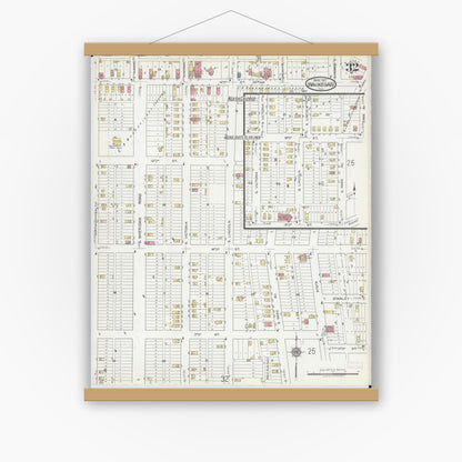 Old map wall art mockup — magnetic wood frame on white wall — Sanborn Fire Insurance Map from Waukegan, Lake County, Illinois (1917), Sheet #0032