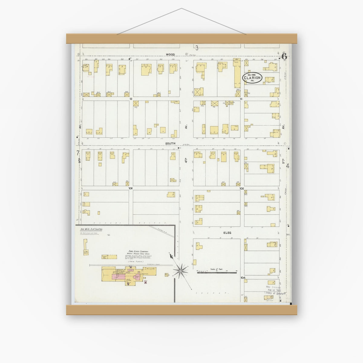 Old map wall art mockup — magnetic wood frame on white wall — Sanborn Fire Insurance Map from Clarion, Clarion County, Pennsylvania (1906), Sheet #0006