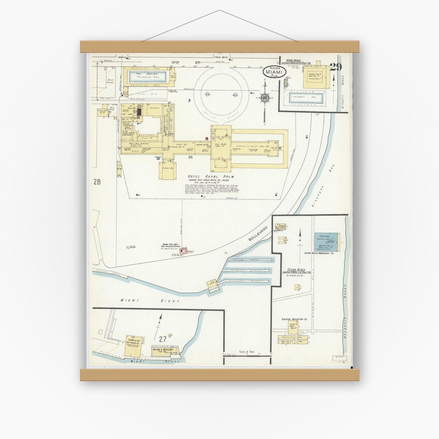 Old map wall art mockup — magnetic wood frame on white wall — Sanborn Fire Insurance Map from Miami, Dade County, Florida (1914), Sheet #0029