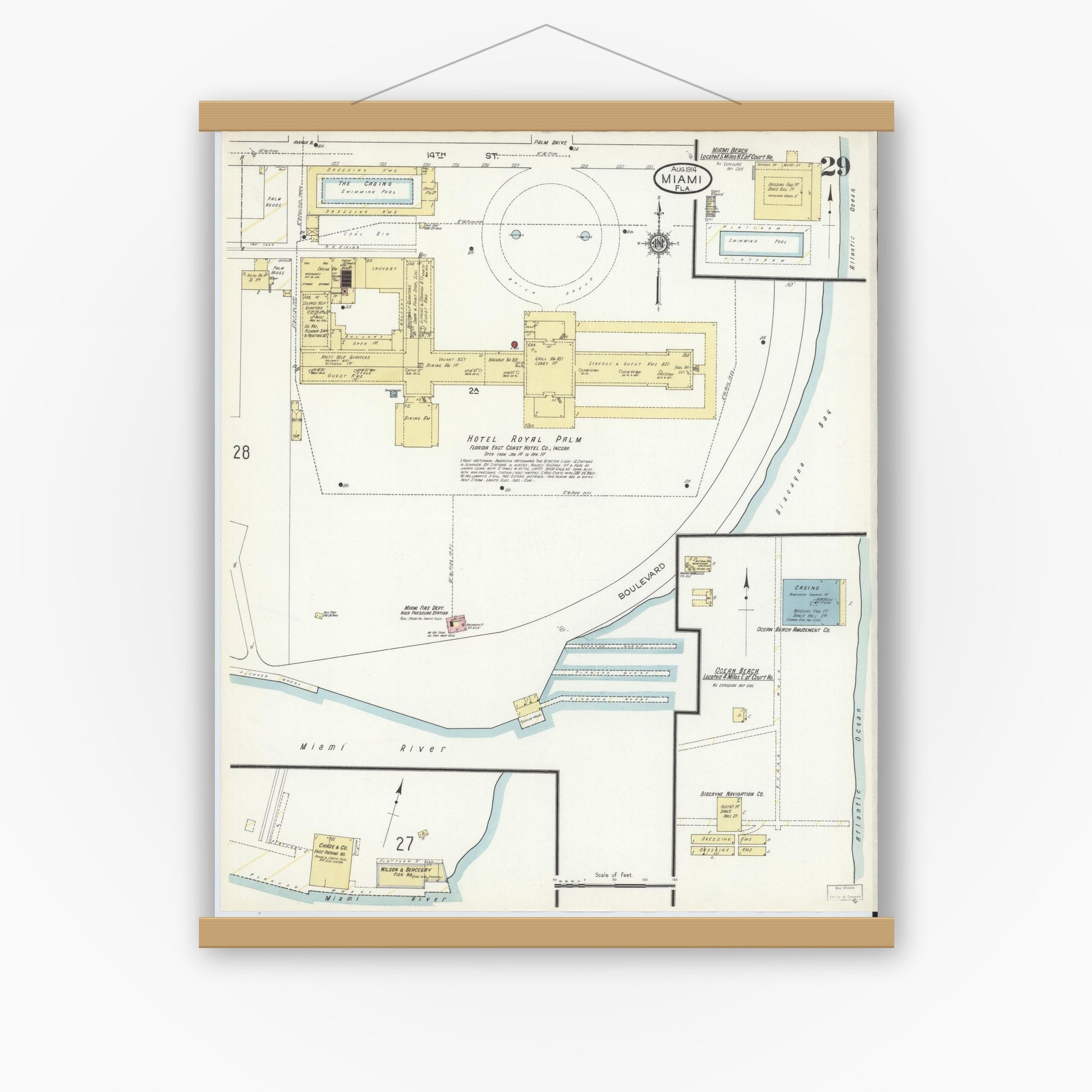 Old map wall art mockup — magnetic wood frame on white wall — Sanborn Fire Insurance Map from Miami, Dade County, Florida (1914), Sheet #0029