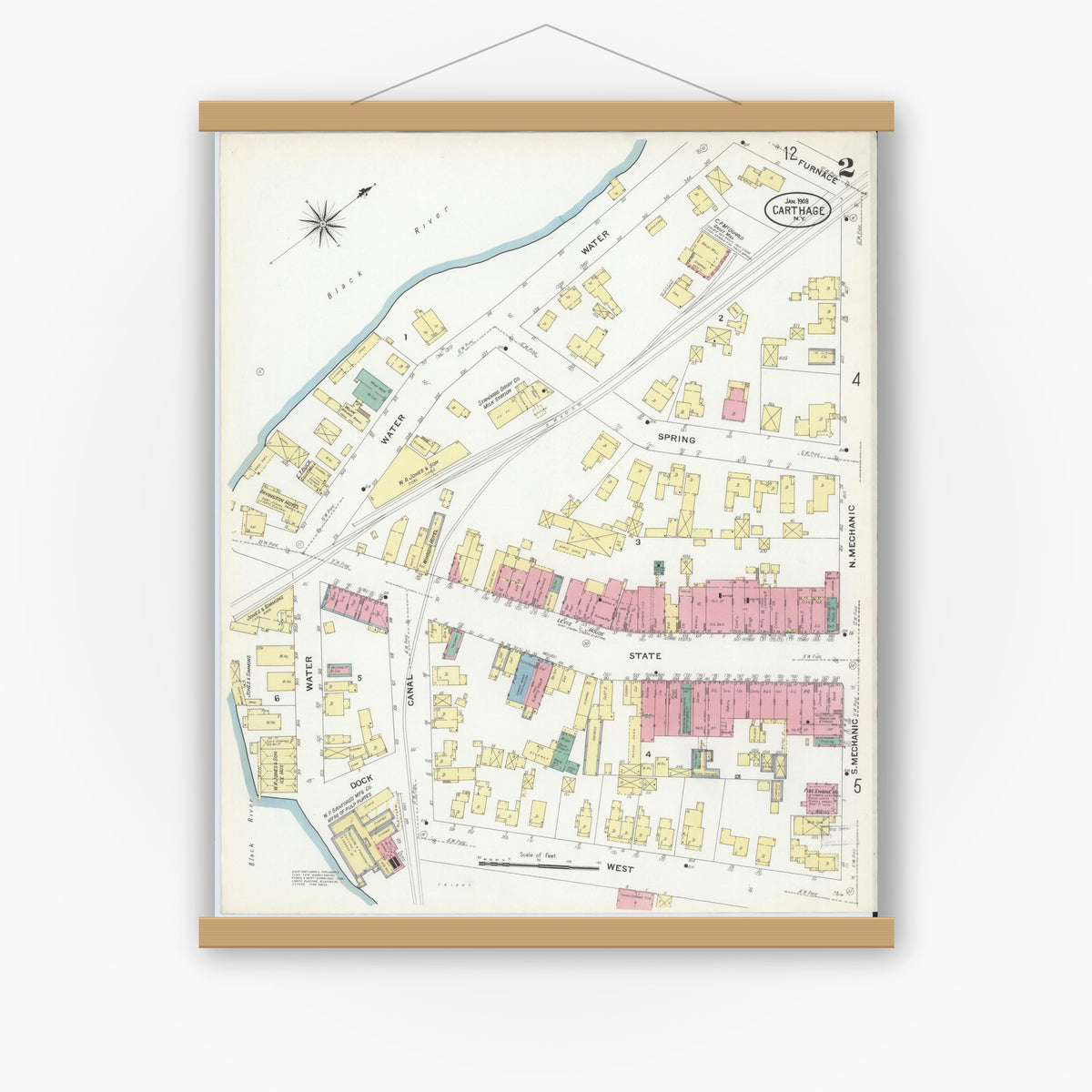 Old map wall art mockup — magnetic wood frame on white wall — Sanborn Fire Insurance Map from Carthage, Jefferson County, New York (1908), Sheet #0002