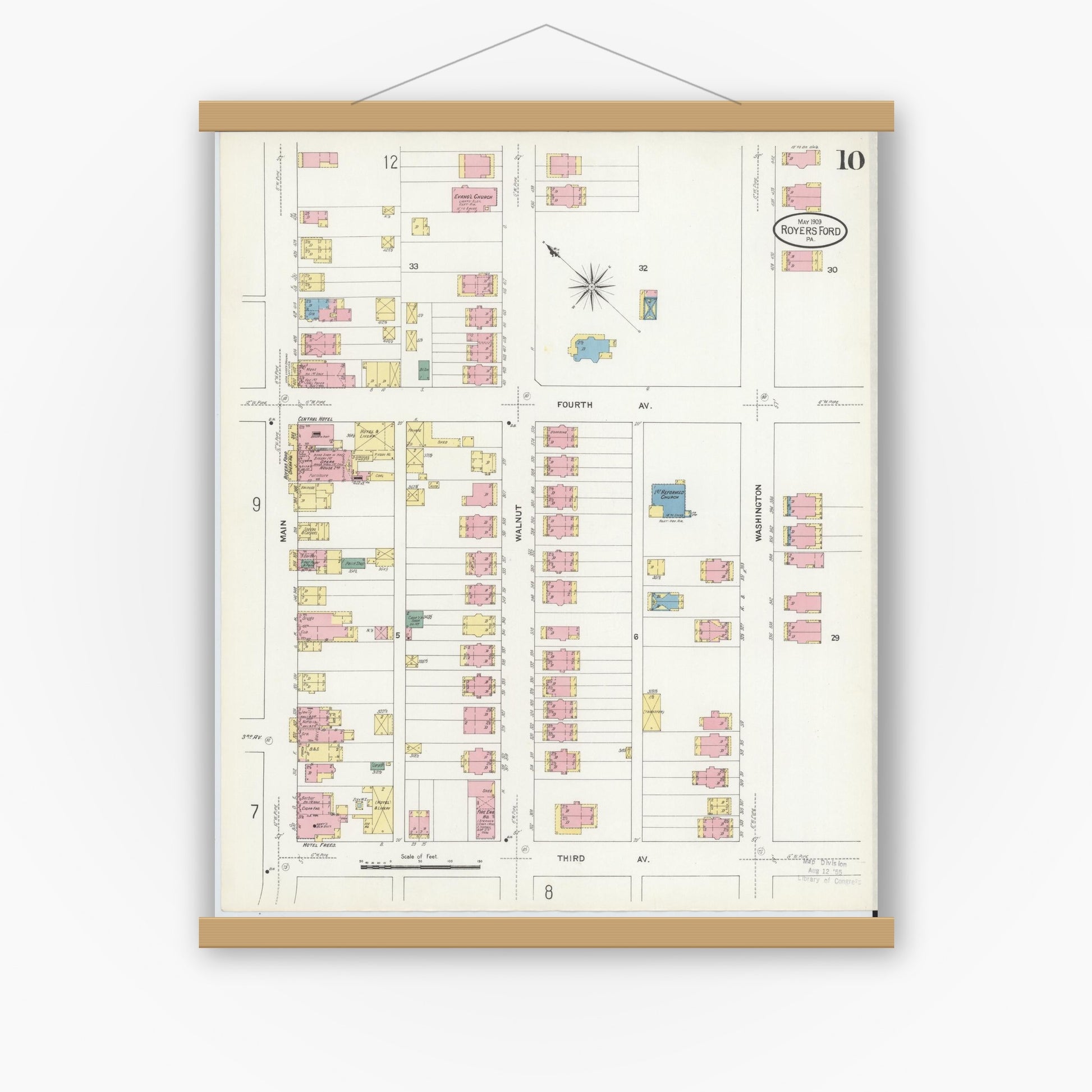 Old map wall art mockup — magnetic wood frame on white wall — Sanborn Fire Insurance Map from Royersford, Montgomery County, Pennsylvania (1909), Sheet #0010