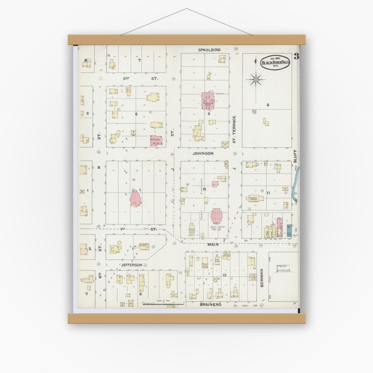 Old map wall art mockup — magnetic wood frame on white wall — Sanborn Fire Insurance Map from Black River Falls, Jackson County, Wisconsin (1892), Sheet #0003