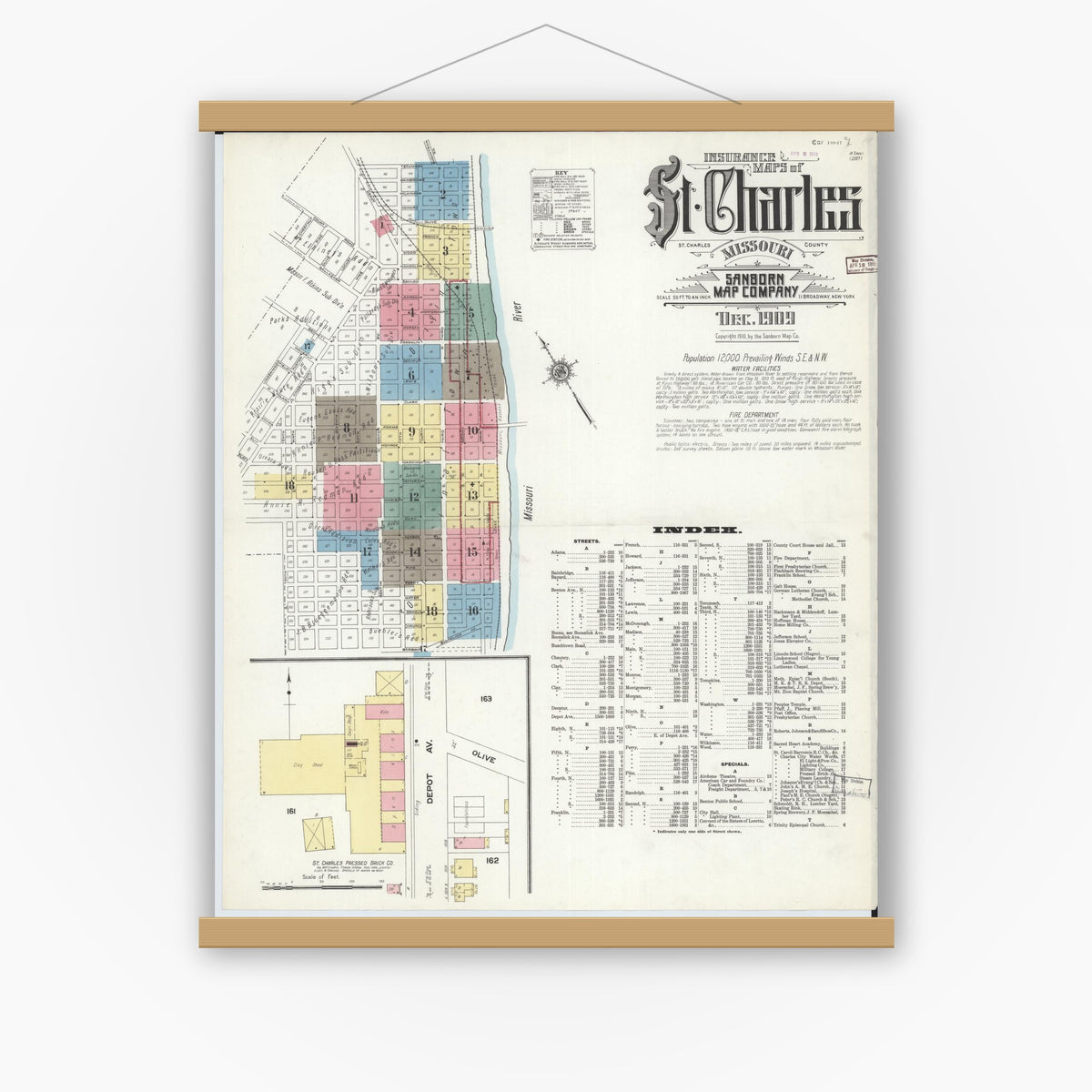 Old map wall art mockup — magnetic wood frame on white wall — Sanborn Fire Insurance Map from Saint Charles, Saint Charles County, Missouri (1909) - Complete Map Set