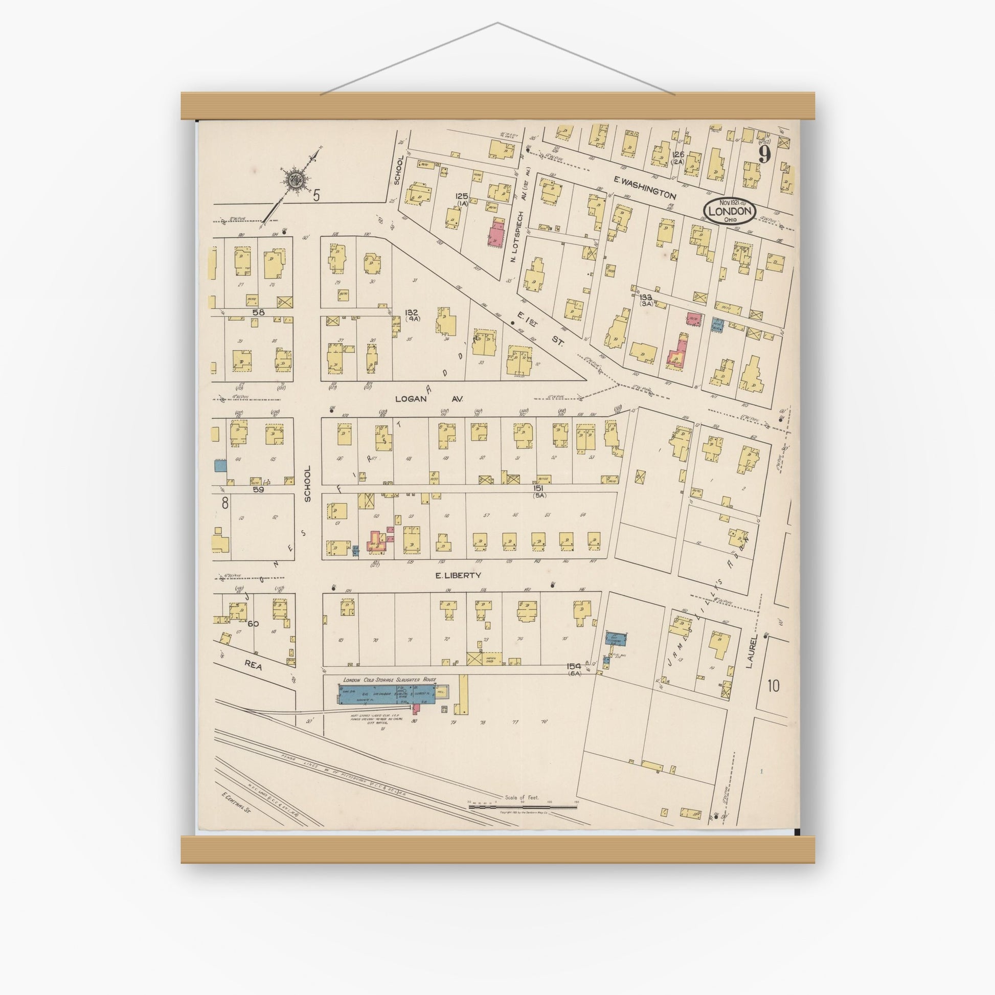 Old map wall art mockup — magnetic wood frame on white wall — Sanborn Fire Insurance Map from London, Madison County, Ohio (1921), Sheet #0009