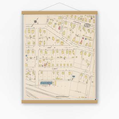 Old map wall art mockup — magnetic wood frame on white wall — Sanborn Fire Insurance Map from London, Madison County, Ohio (1921), Sheet #0009