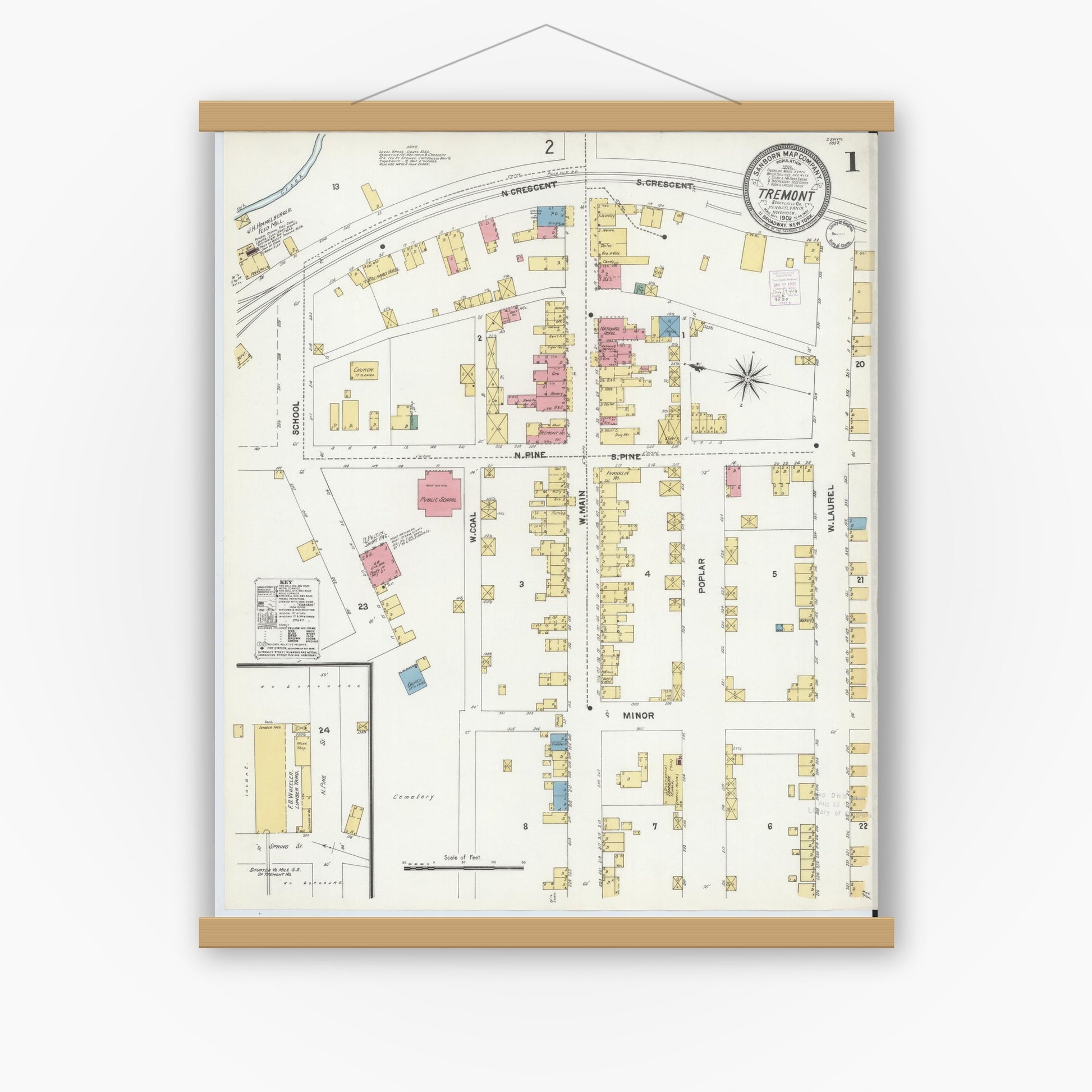Old map wall art mockup — magnetic wood frame on white wall — Sanborn Fire Insurance Map from Tremont, Schuylkill County, Pennsylvania (1902) - Complete Map Set