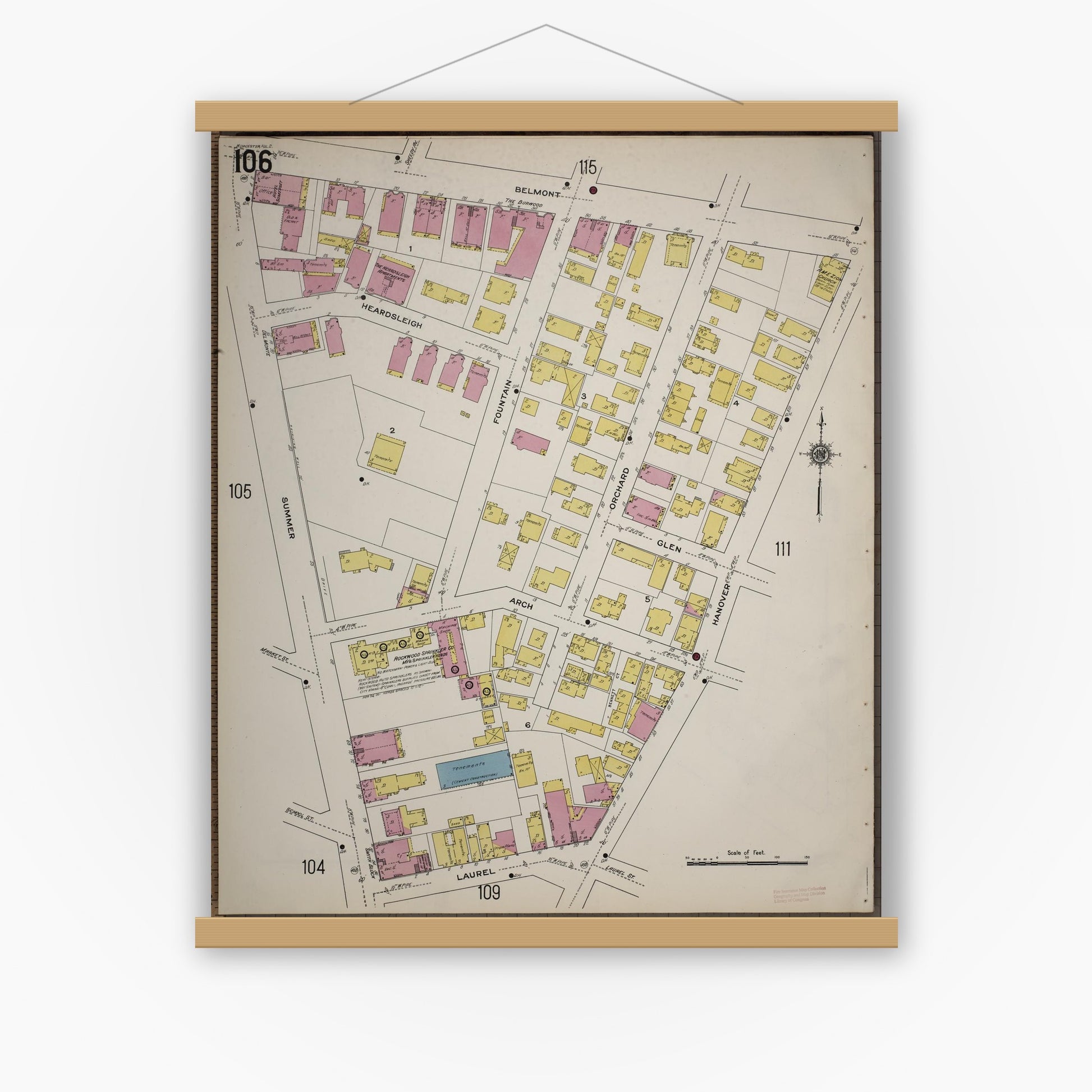 Old map wall art mockup — magnetic wood frame on white wall — Sanborn Fire Insurance Map from Worcester, Worcester County, Massachusetts (1910), Sheet #0106