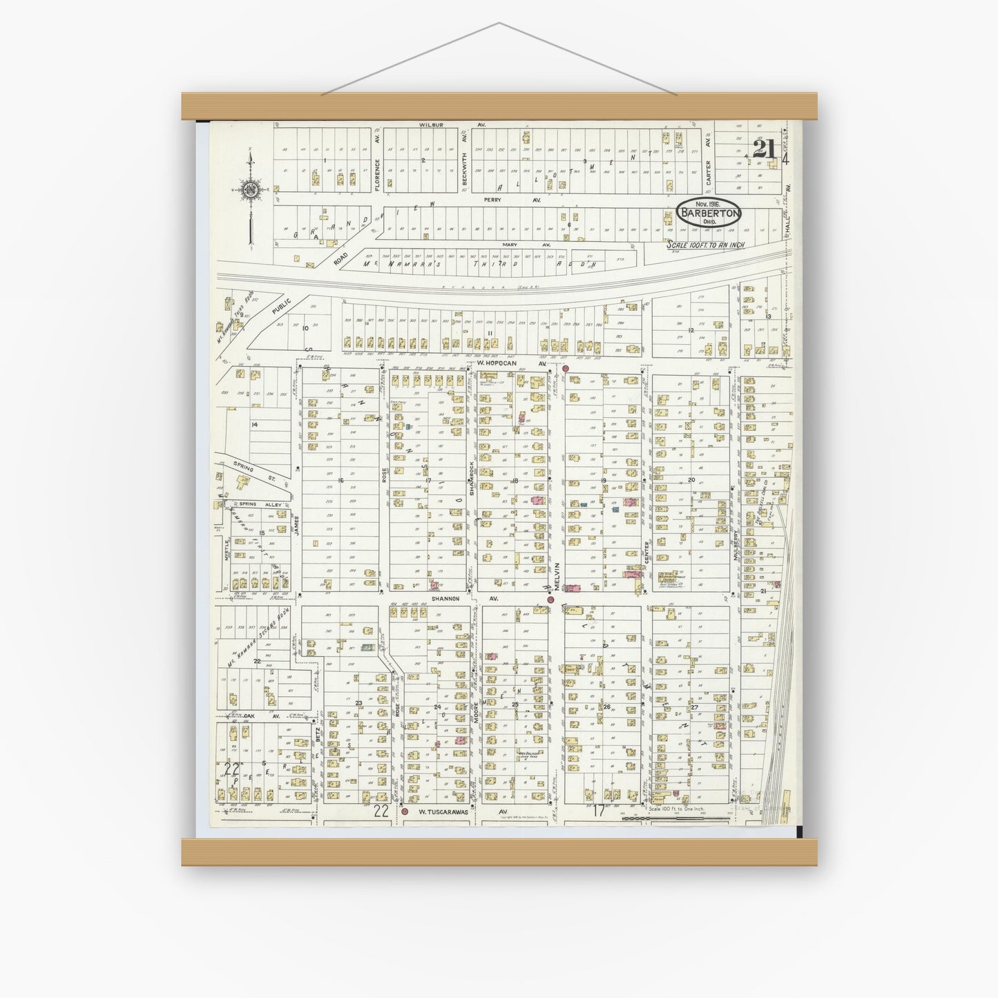 Old map wall art mockup — magnetic wood frame on white wall — Sanborn Fire Insurance Map from Barberton, Summit County, Ohio (1916), Sheet #0021