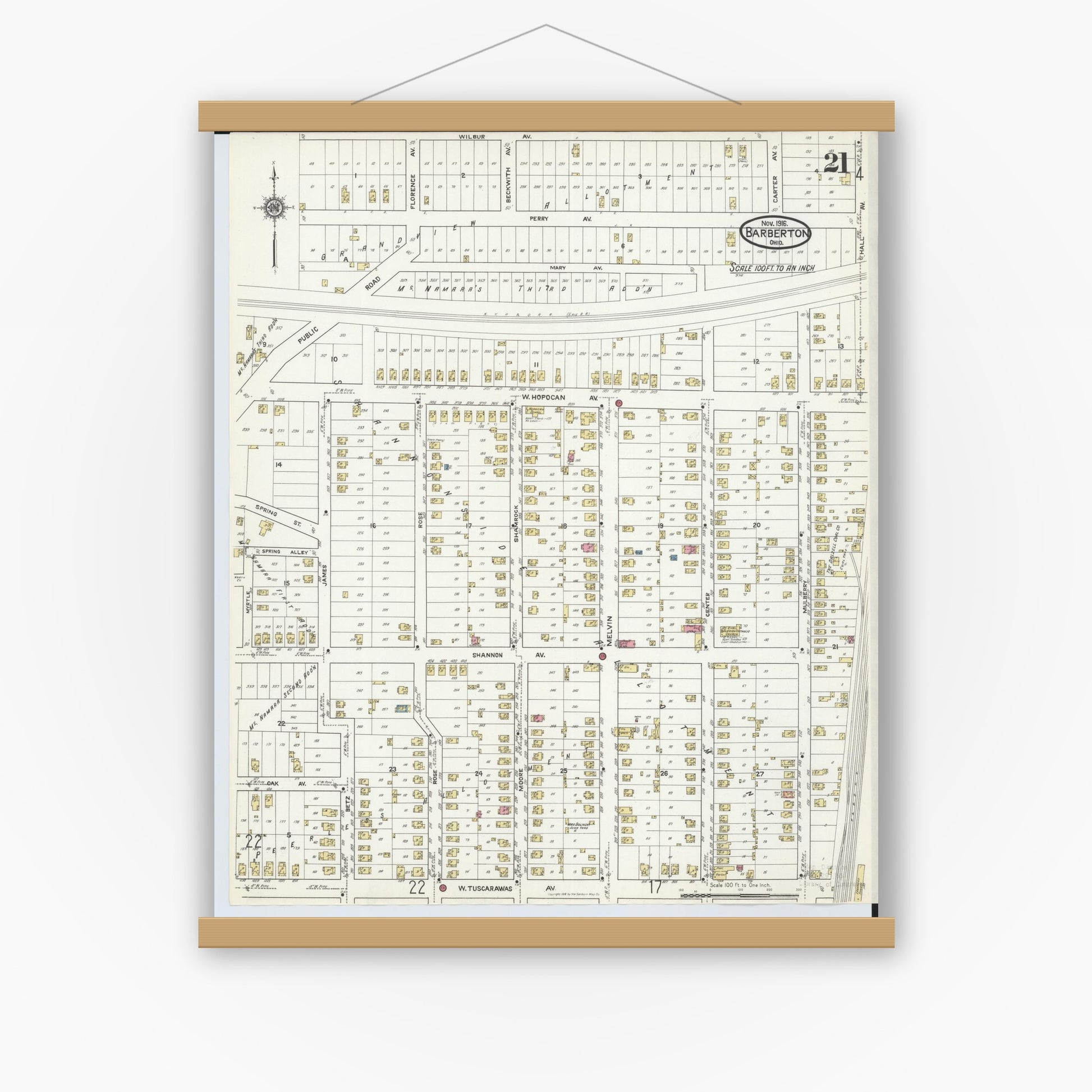 Old map wall art mockup — magnetic wood frame on white wall — Sanborn Fire Insurance Map from Barberton, Summit County, Ohio (1916), Sheet #0021