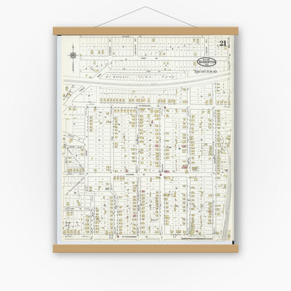 Old map wall art mockup — magnetic wood frame on white wall — Sanborn Fire Insurance Map from Barberton, Summit County, Ohio (1916), Sheet #0021