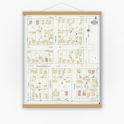 Old map wall art mockup — magnetic wood frame on white wall — Sanborn Fire Insurance Map from Delphos, Van Wert And Allen Counties, Ohio (1921), Sheet #0008