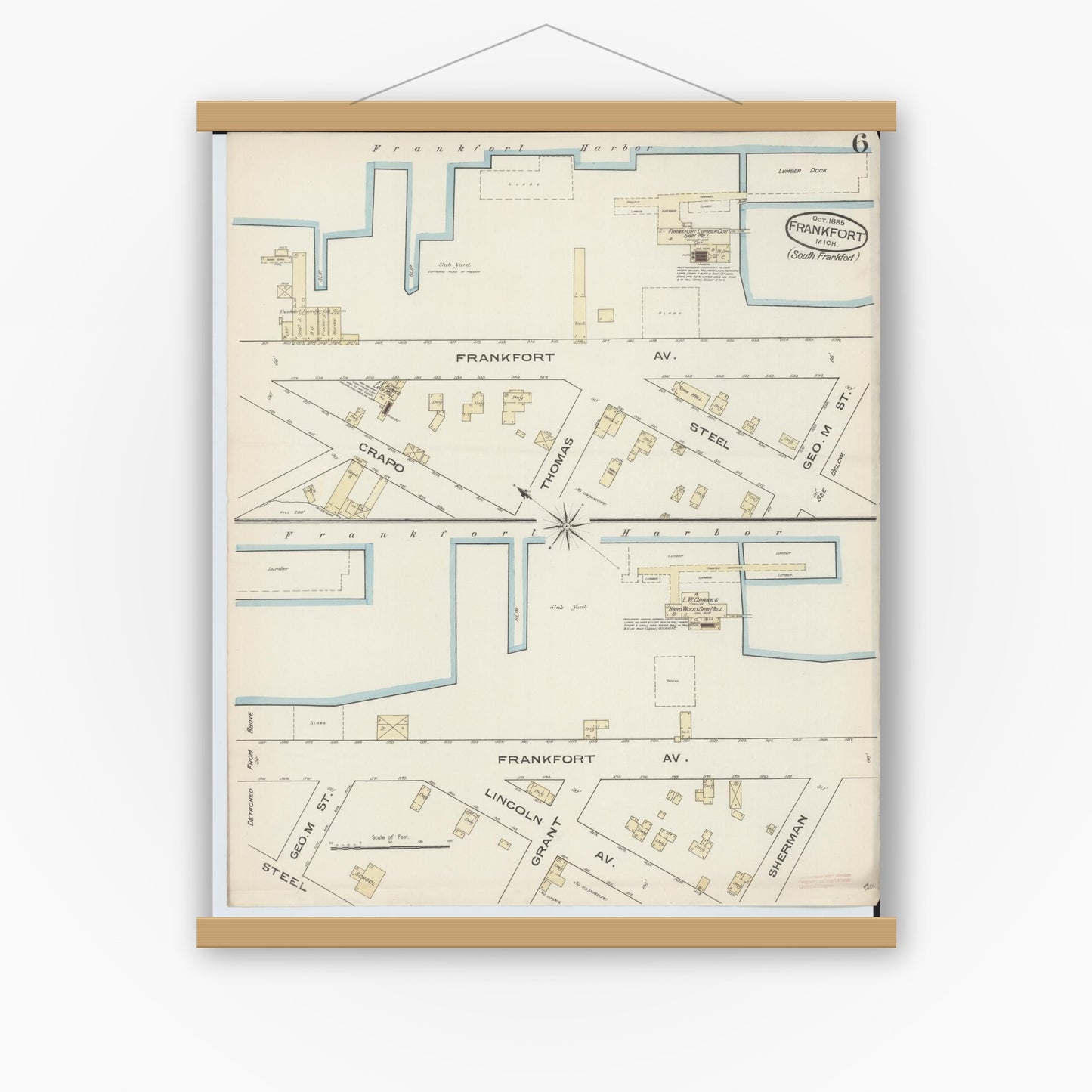 Old map wall art mockup — magnetic wood frame on white wall — Sanborn Fire Insurance Map from Frankfort, Benzie County, Michigan (1885), Sheet #0006