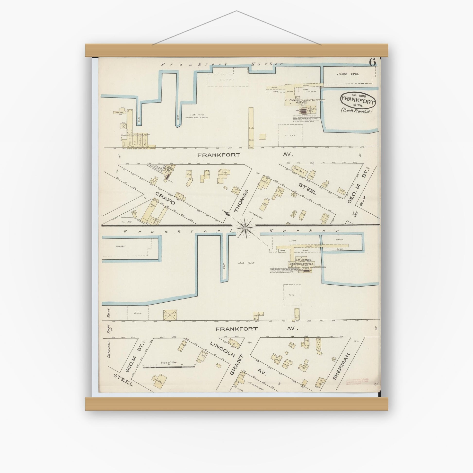 Old map wall art mockup — magnetic wood frame on white wall — Sanborn Fire Insurance Map from Frankfort, Benzie County, Michigan (1885), Sheet #0006