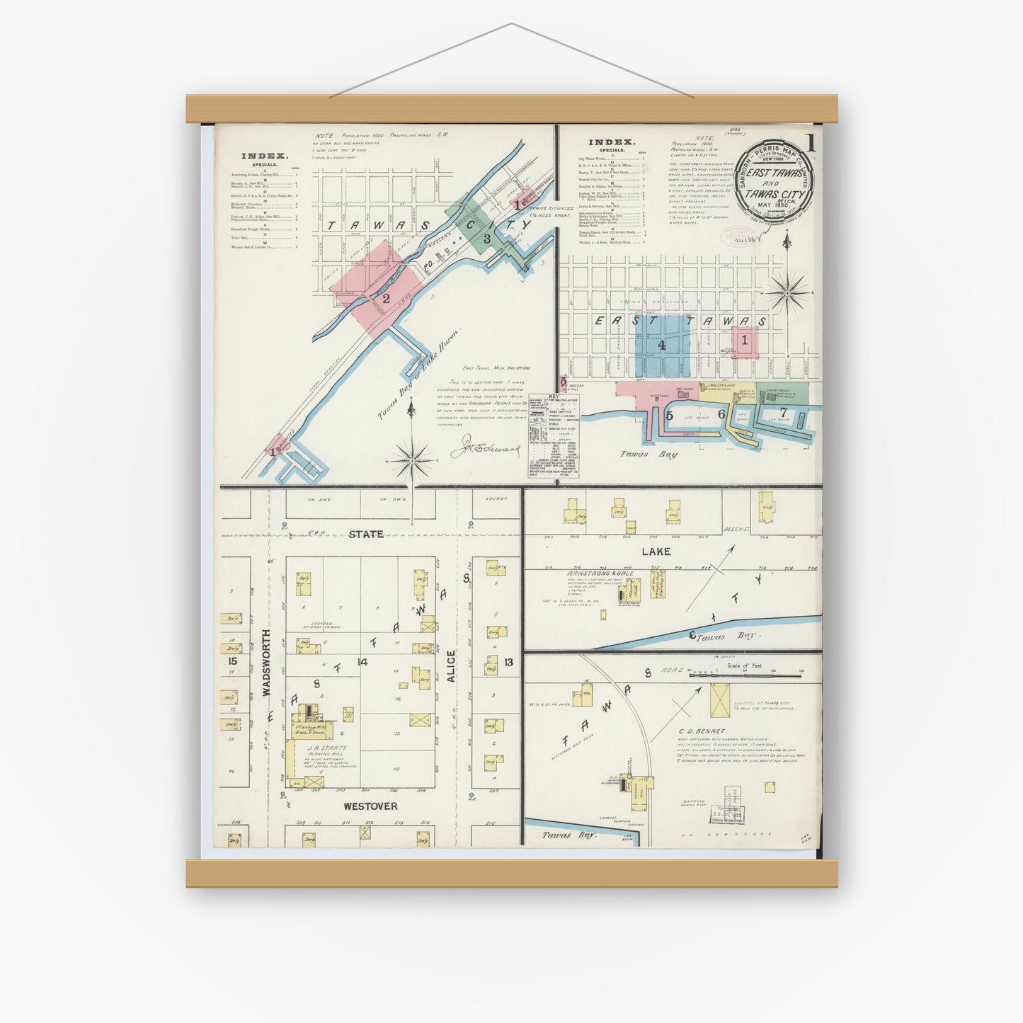 Old map wall art mockup — magnetic wood frame on white wall — Sanborn Fire Insurance Map from East Tawas, Iosco County, Michigan (1890), Sheet #0001