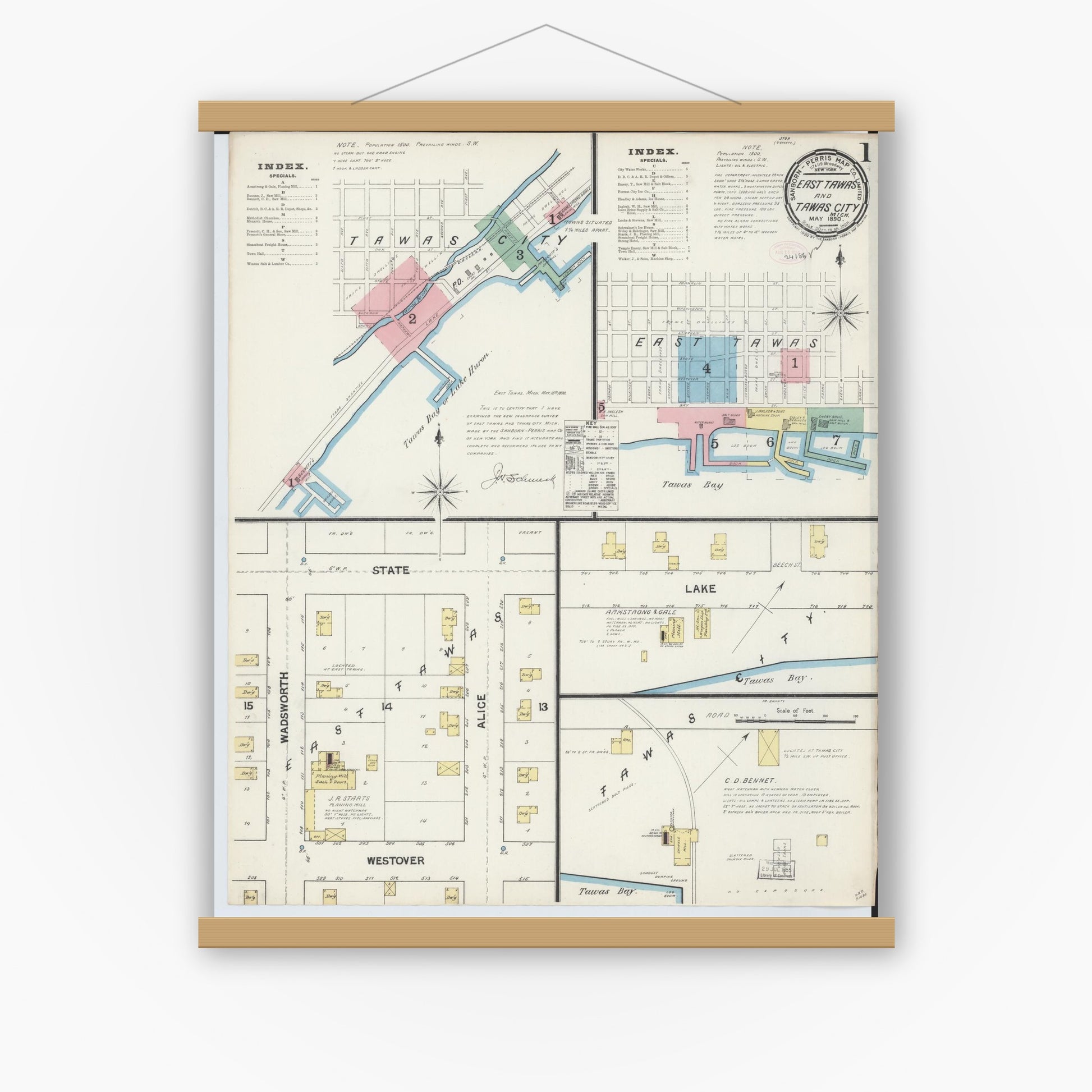 Old map wall art mockup — magnetic wood frame on white wall — Sanborn Fire Insurance Map from East Tawas, Iosco County, Michigan (1890), Sheet #0001