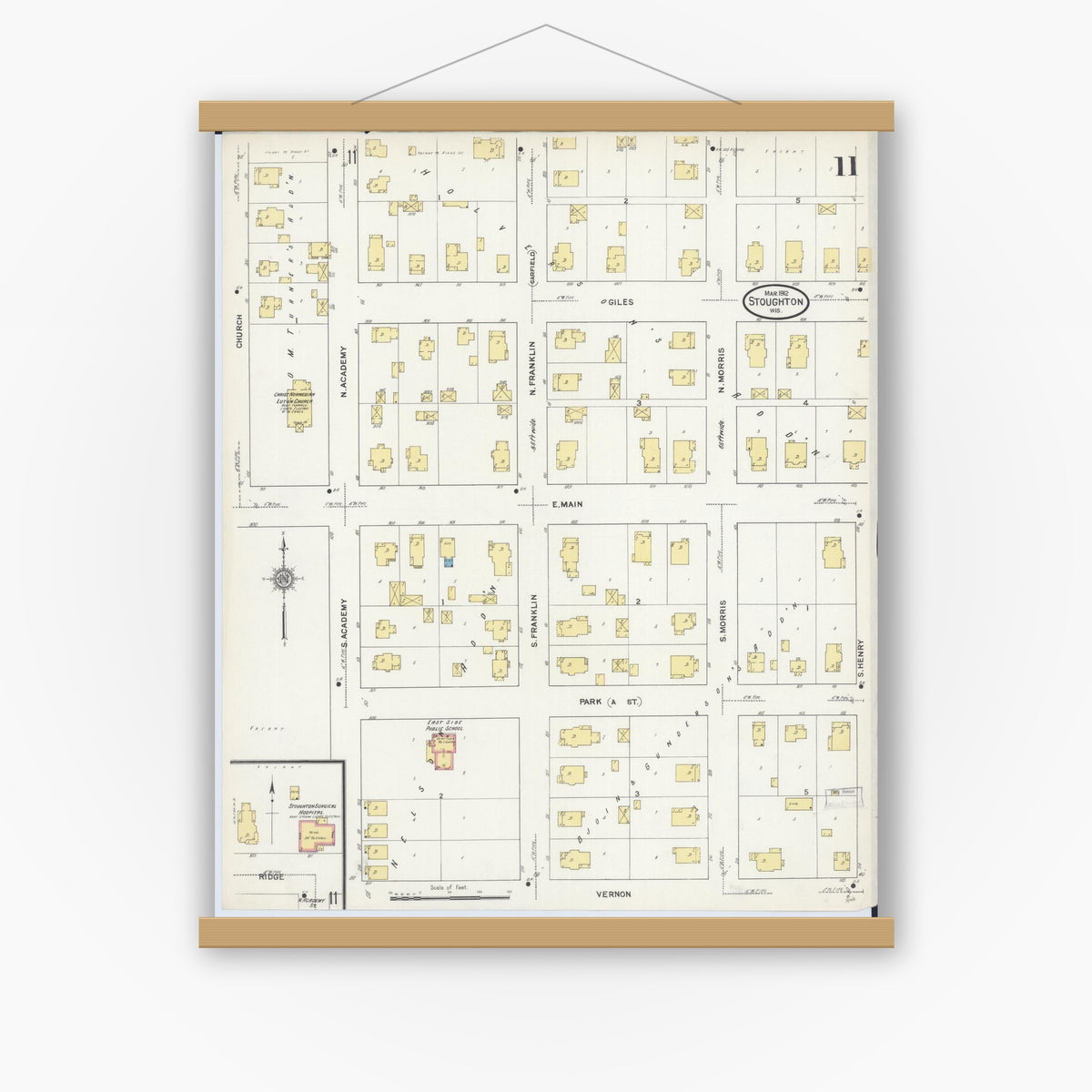 Old map wall art mockup — magnetic wood frame on white wall — Sanborn Fire Insurance Map from Stoughton, Dane County, Wisconsin (1912), Sheet #0011