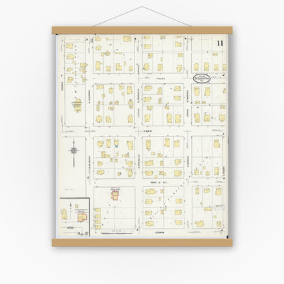Old map wall art mockup — magnetic wood frame on white wall — Sanborn Fire Insurance Map from Stoughton, Dane County, Wisconsin (1912), Sheet #0011