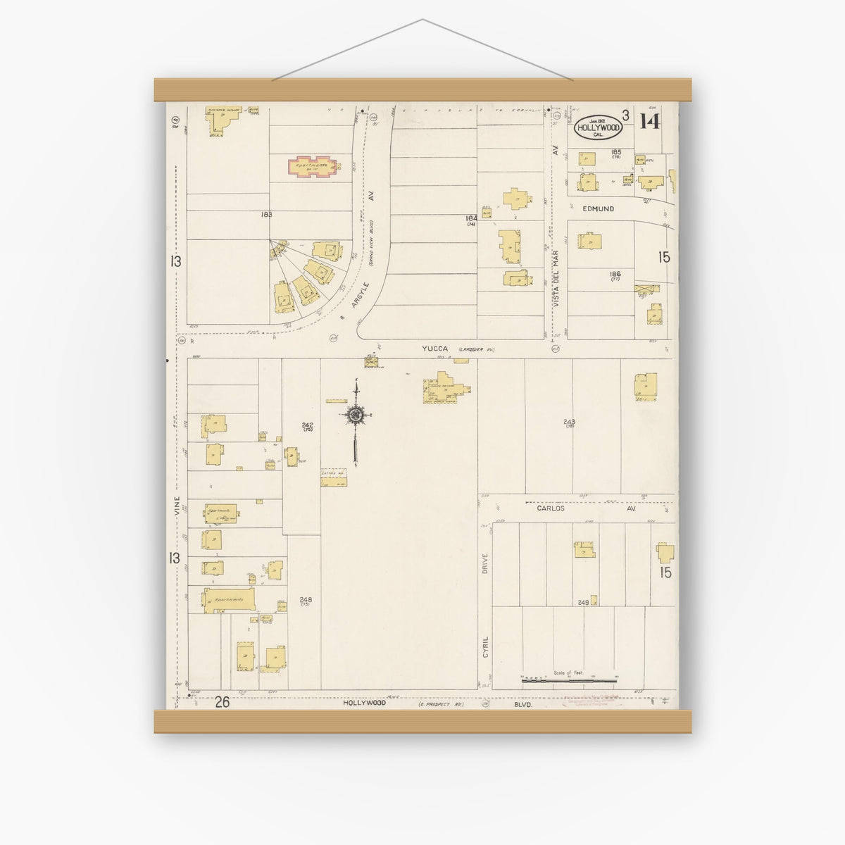 Old map wall art mockup — magnetic wood frame on white wall — Sanborn Fire Insurance Map from Hollywood, Los Angeles County, California (1913), Sheet #0014