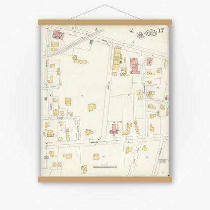 Old map wall art mockup — magnetic wood frame on white wall — Sanborn Fire Insurance Map from Woburn, Middlesex County, Massachusetts (1904), Sheet #0017