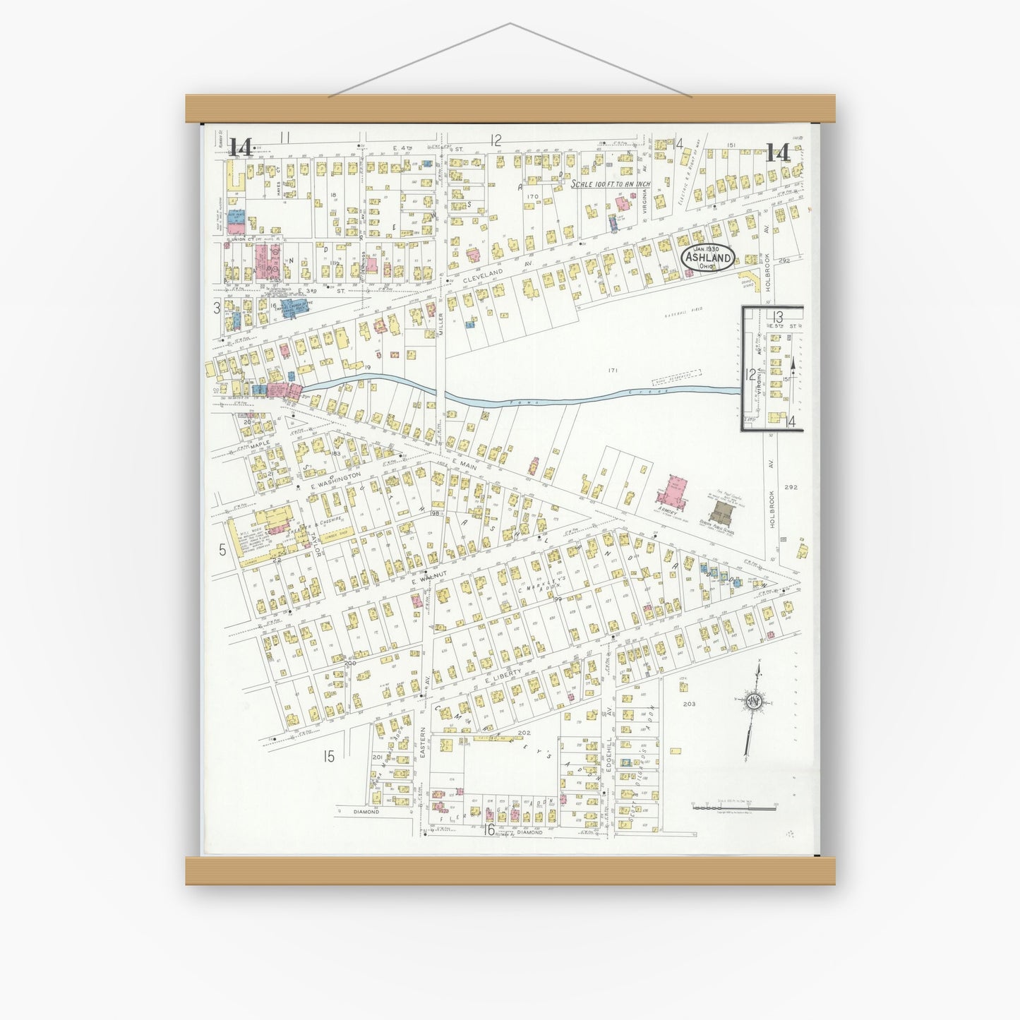 Old map wall art mockup — magnetic wood frame on white wall — Sanborn Fire Insurance Map from Ashland, Ashland County, Ohio (1930), Sheet #0014