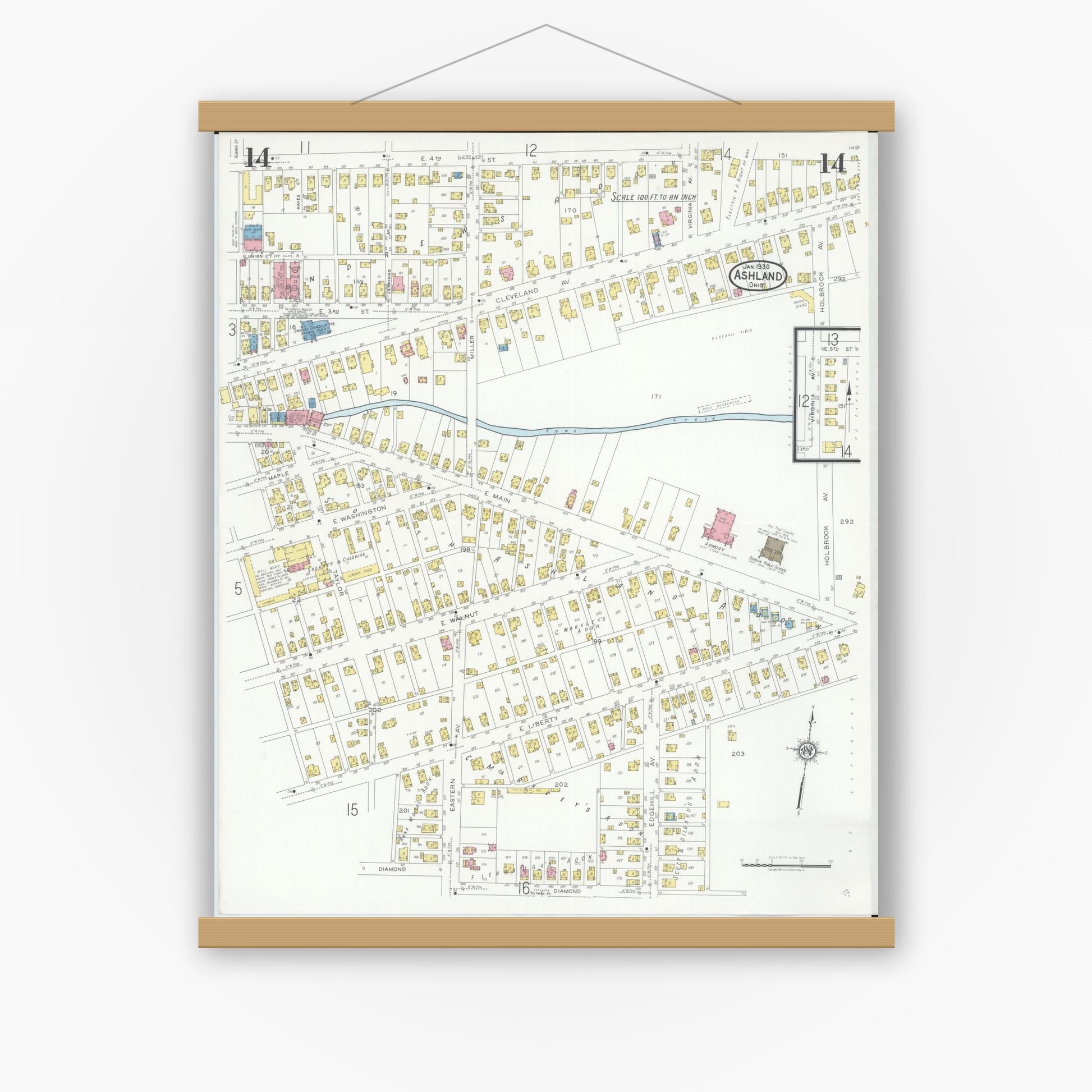 Old map wall art mockup — magnetic wood frame on white wall — Sanborn Fire Insurance Map from Ashland, Ashland County, Ohio (1930), Sheet #0014