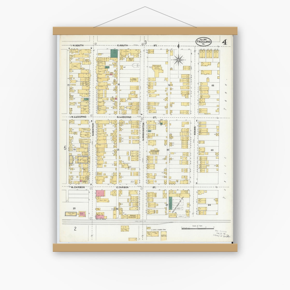 Old map wall art mockup — magnetic wood frame on white wall — Sanborn Fire Insurance Map from Freeland, Luzerne County, Pennsylvania (1905), Sheet #0004