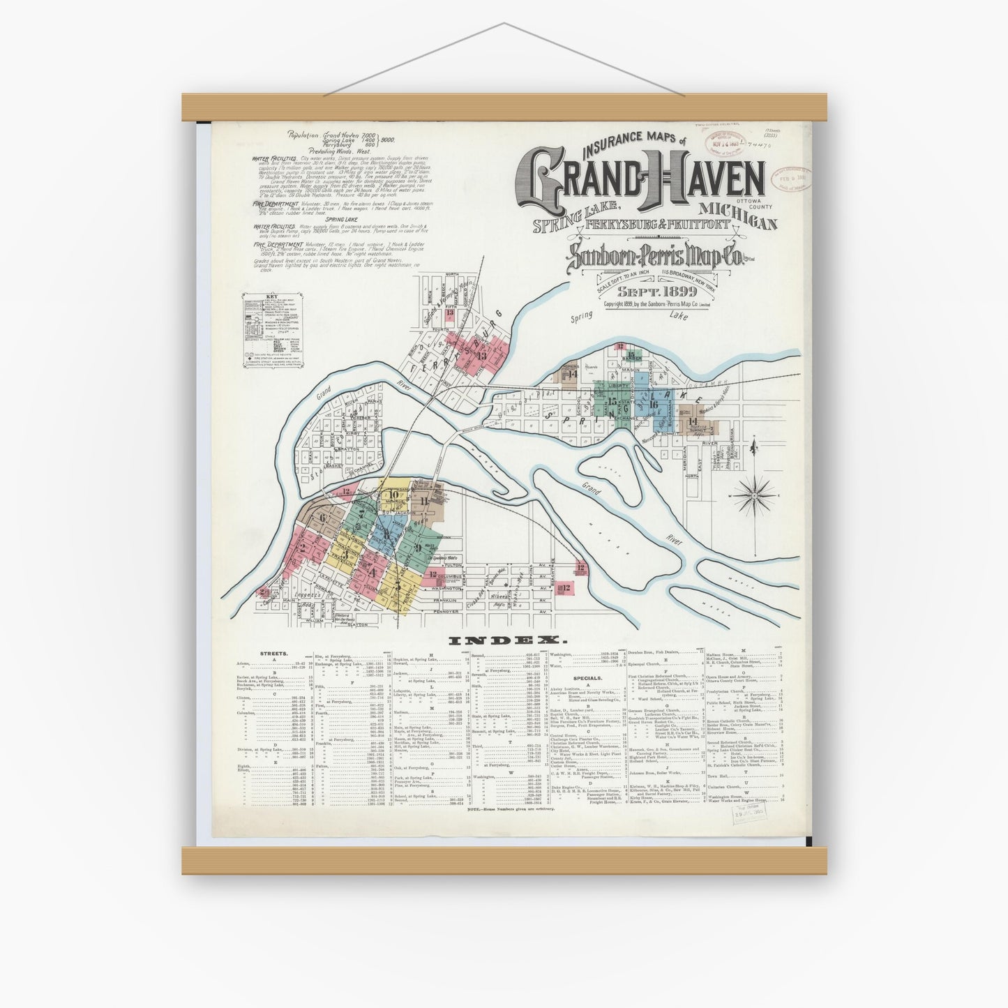 Old map wall art mockup — magnetic wood frame on white wall — Sanborn Fire Insurance Map from Grand Haven, Ottawa County, Michigan (1899) - Complete Map Set