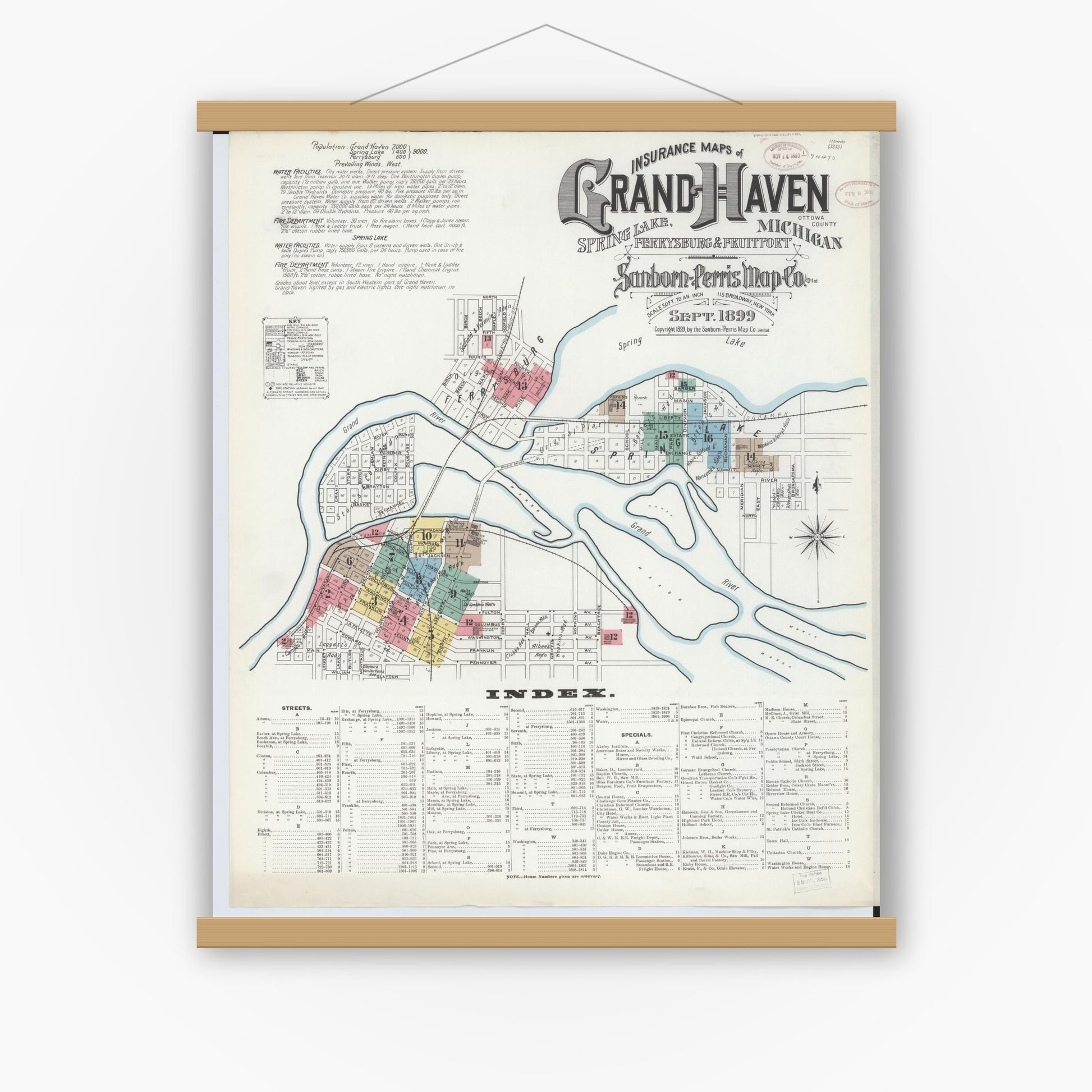 Old map wall art mockup — magnetic wood frame on white wall — Sanborn Fire Insurance Map from Grand Haven, Ottawa County, Michigan (1899) - Complete Map Set