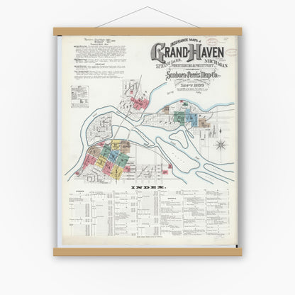 Old map wall art mockup — magnetic wood frame on white wall — Sanborn Fire Insurance Map from Grand Haven, Ottawa County, Michigan (1899) - Complete Map Set