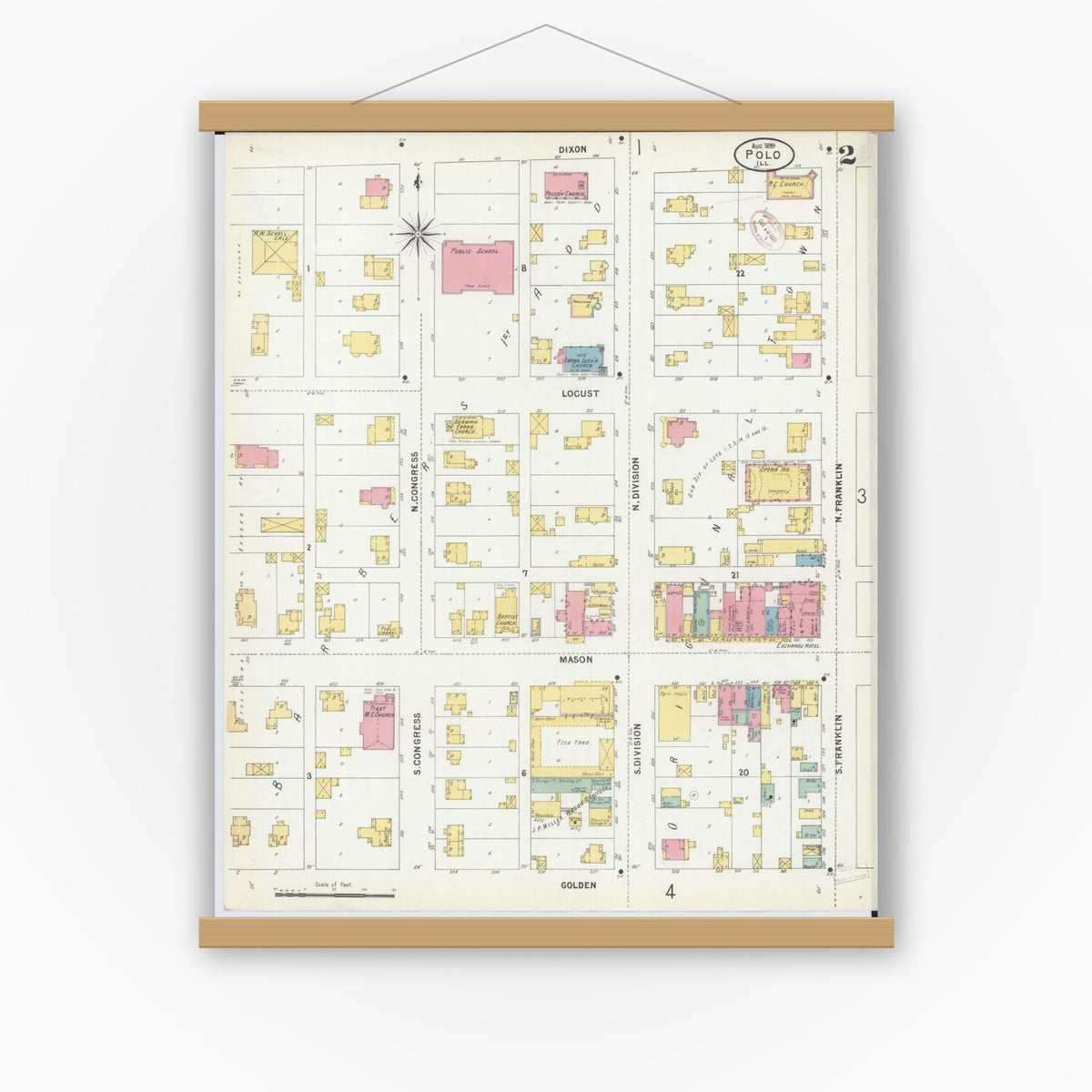 Old map wall art mockup — magnetic wood frame on white wall — Sanborn Fire Insurance Map from Polo, Ogle County, Illinois (1899), Sheet #0002