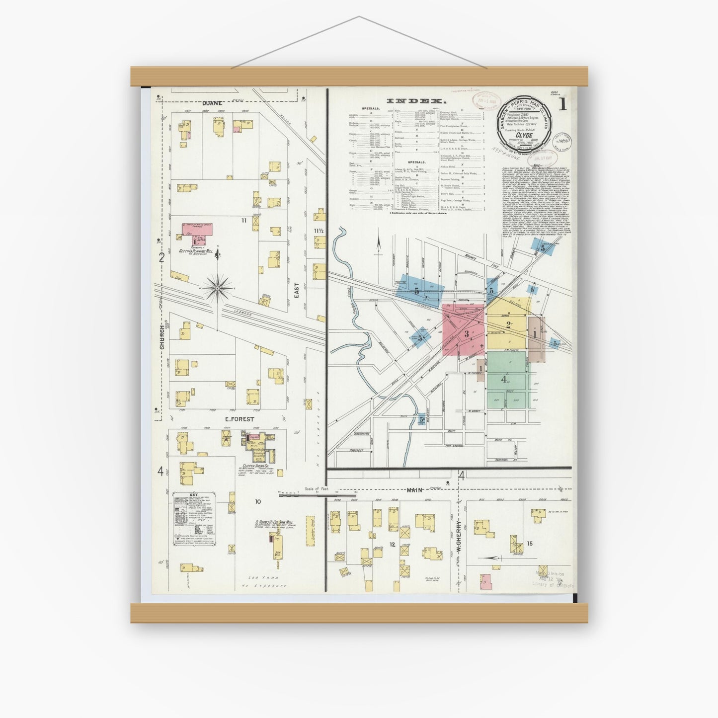 Old map wall art mockup — magnetic wood frame on white wall — Sanborn Fire Insurance Map from Clyde, Sandusky County, Ohio (1899) - Complete Map Set