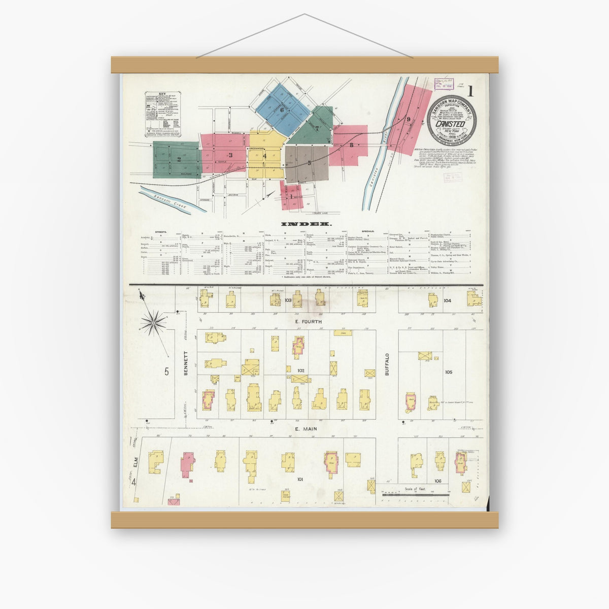 Old map wall art mockup — magnetic wood frame on white wall — Sanborn Fire Insurance Map from Canisteo, Steuben County, New York (1909) - Complete Map Set