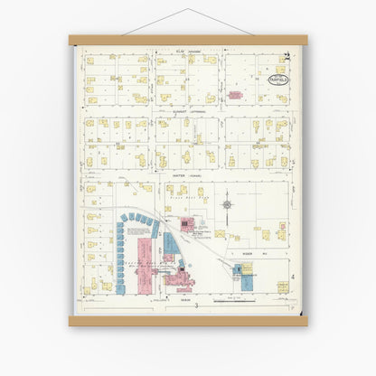 Old map wall art mockup — magnetic wood frame on white wall — Sanborn Fire Insurance Map from Fairfield, Wayne County, Illinois (1913), Sheet #0002