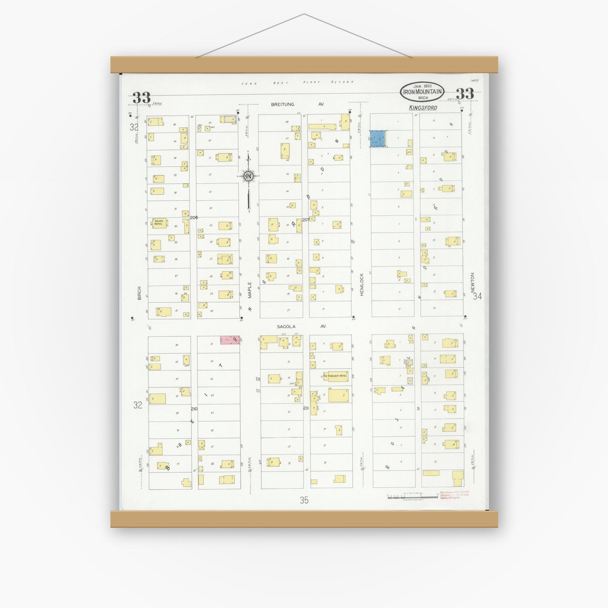 Old map wall art mockup — magnetic wood frame on white wall — Sanborn Fire Insurance Map from Iron Mountain, Dickinson County, Michigan (1930), Sheet #0033