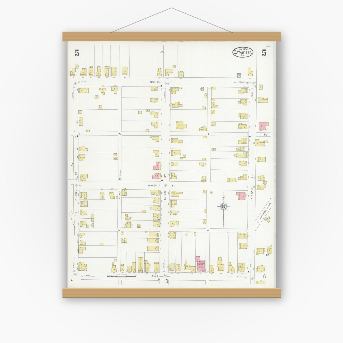 Old map wall art mockup — magnetic wood frame on white wall — Sanborn Fire Insurance Map from Catawissa, Columbia County, Pennsylvania (1930), Sheet #0005