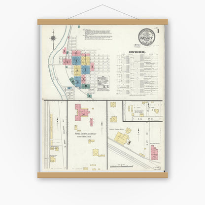 Old map wall art mockup — magnetic wood frame on white wall — Sanborn Fire Insurance Map from Gas City, Grant County, Indiana (1911) - Complete Map Set
