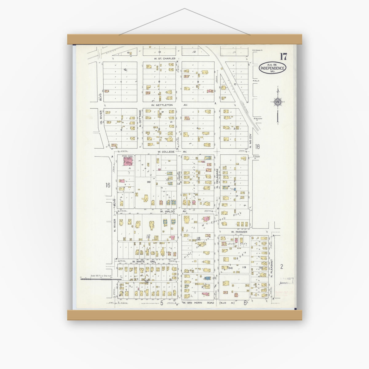 Old map wall art mockup — magnetic wood frame on white wall — Sanborn Fire Insurance Map from Independence, Jackson County, Missouri (1916), Sheet #0017
