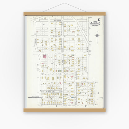 Old map wall art mockup — magnetic wood frame on white wall — Sanborn Fire Insurance Map from Independence, Jackson County, Missouri (1916), Sheet #0017