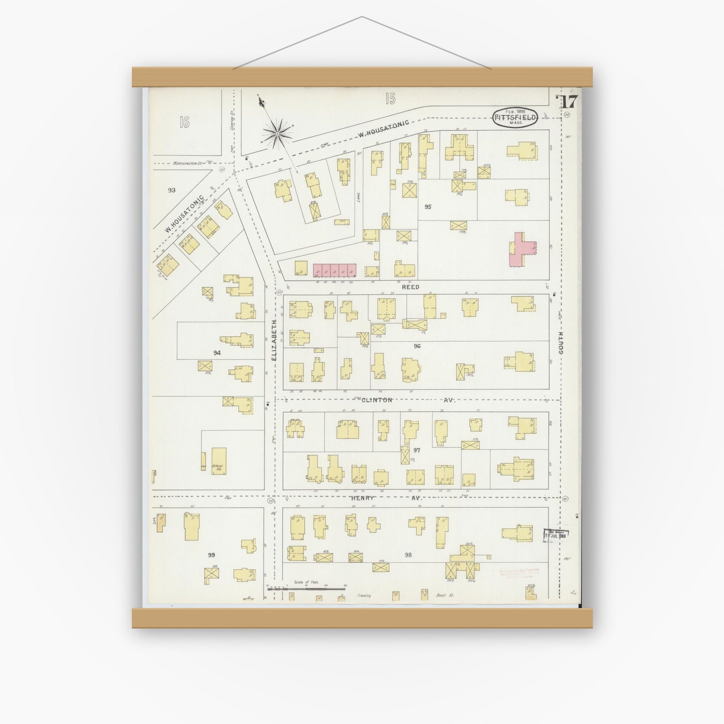 Old map wall art mockup — magnetic wood frame on white wall — Sanborn Fire Insurance Map from Pittsfield, Berkshire County, Massachusetts (1895), Sheet #0017