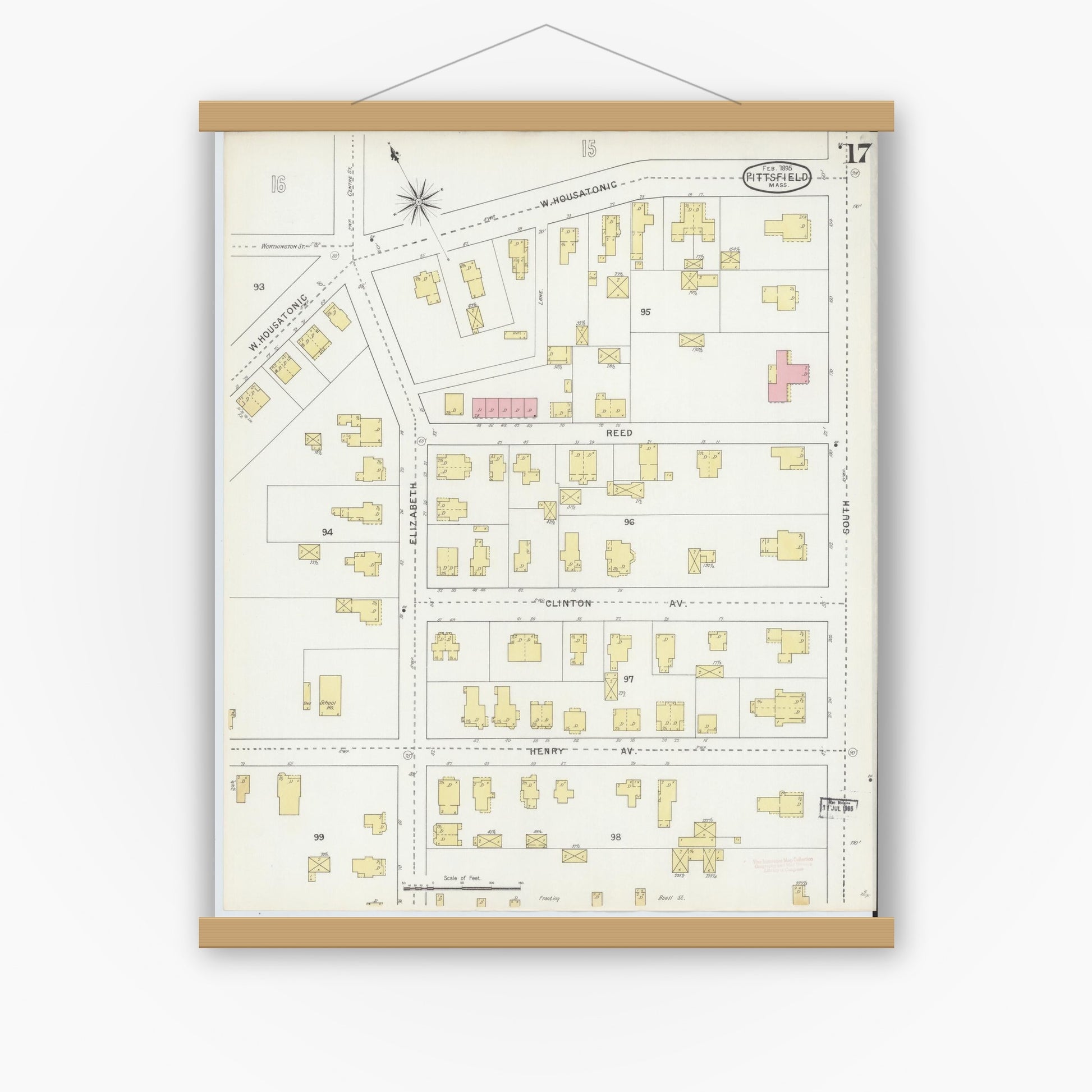 Old map wall art mockup — magnetic wood frame on white wall — Sanborn Fire Insurance Map from Pittsfield, Berkshire County, Massachusetts (1895), Sheet #0017